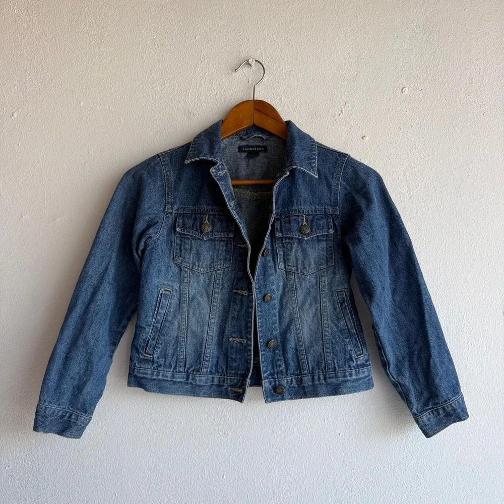Lands End Kids Size 8 Blue Denim Jean Jacket Cotton Trucker Button Front